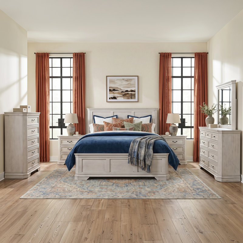 Cressa 6 Piece Bedroom Set, King, Antique White, 6 Pcs: Bed, 2 Nightstands, Dresser, Mirror, Chest