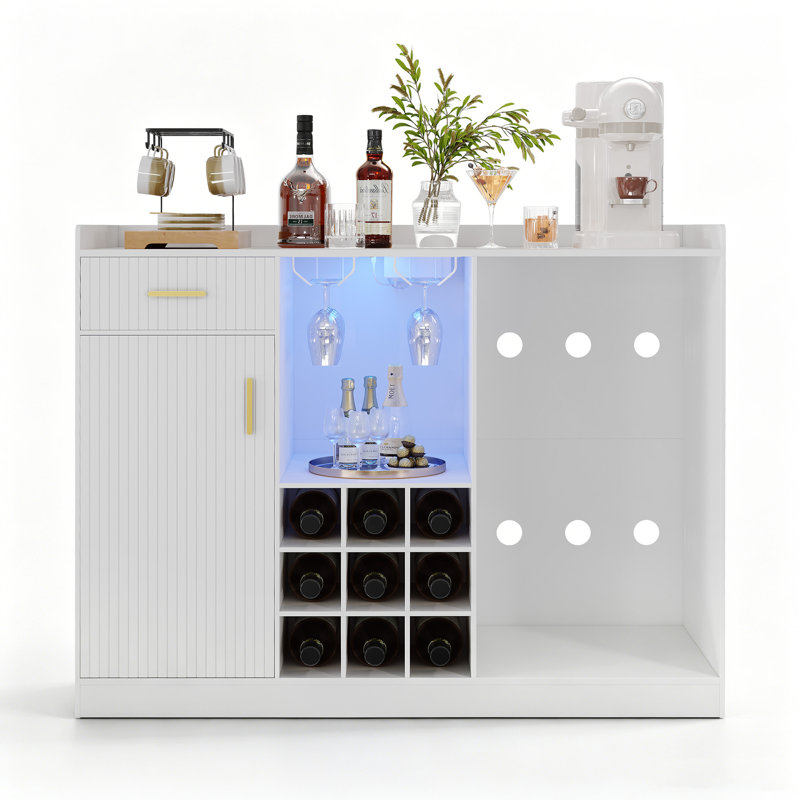 Armoire à café avec réfrigérateur, armoire à vin cannelée avec porte-verre, prise de courant et lumière DEL, buffet avec rangement pour bar, cuisine, salon