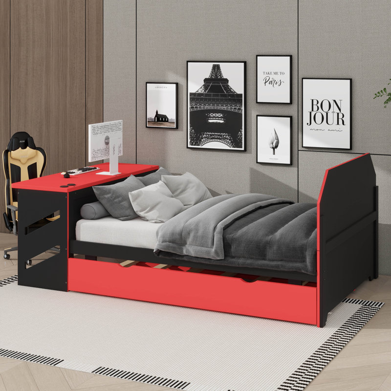 Lit de jour en bois double - Lit gigogne simple, bureau et ports de chargement USB inclus, Rouge