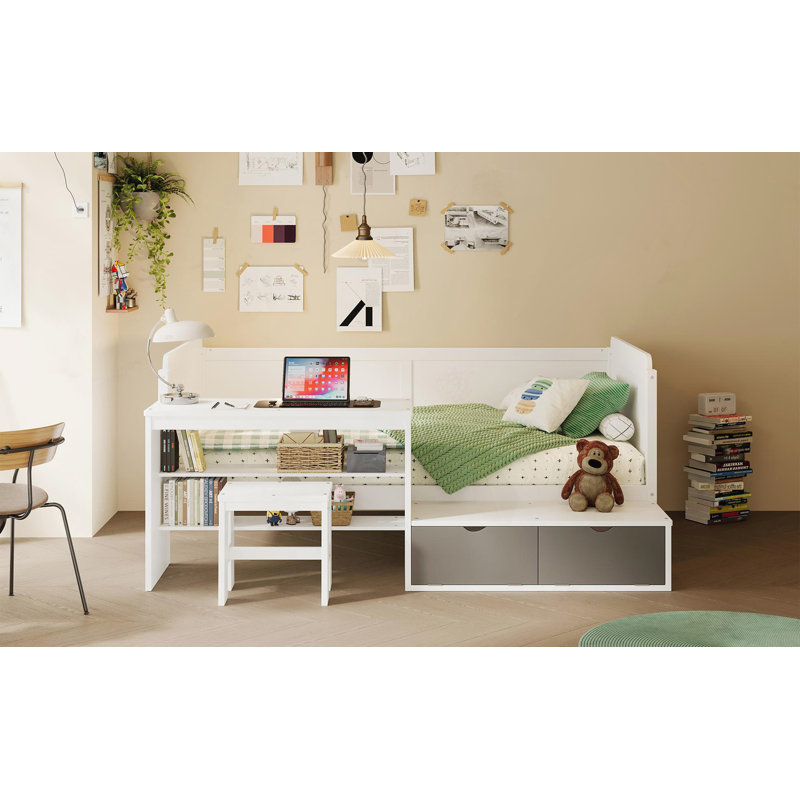 Lit de jour en bois avec tablettes de rangement et casiers, Blanc