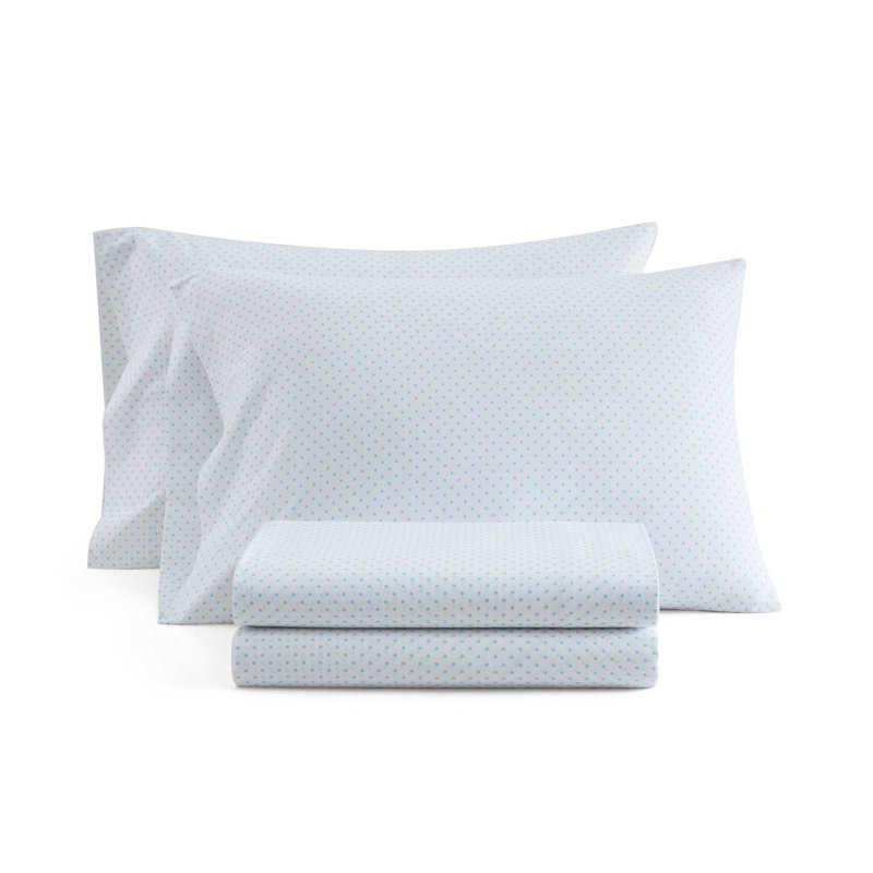 Martha Stewart Cotton Percale  Sheet Set, Queen Sheet Set with 2 Pillowcases, Blue Polka Dot