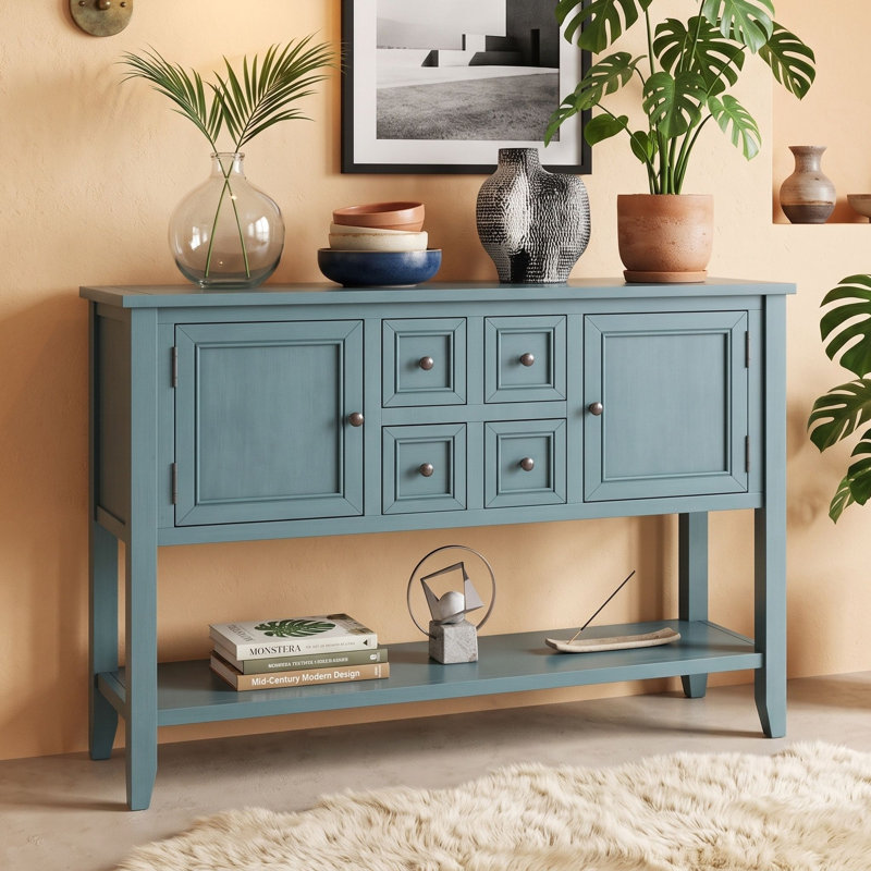 Console rétro avec 4 tiroirs, 2 armoires de rangement, tablette inférieure ouverte et poignées en métal, Bleu très foncé