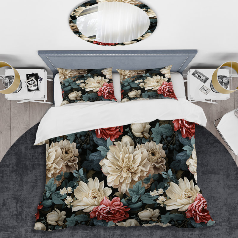 Ensemble de housse de couette floral blanc et rose Symphont Of Petal Gardens, Housse de couette pour très grand lit et 2 très