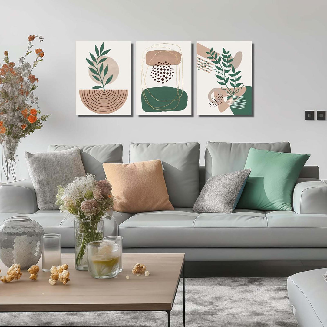 Boho Wall Art For Living Room, Botanical Canvas Wall-Decor For Bedroom, Bohemian Minimalist Picture Prints, Size 12 X 16 Inches 3-Pieces
