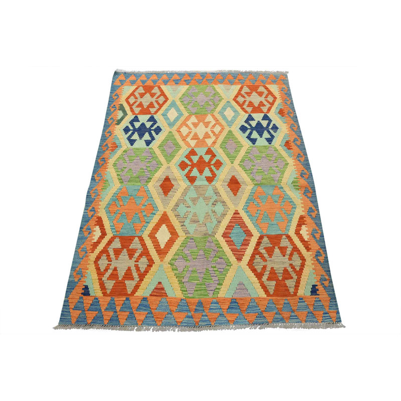 Tapis unique de 4 pi x 5 pi 6 po en orange / vert / jaune / bleu