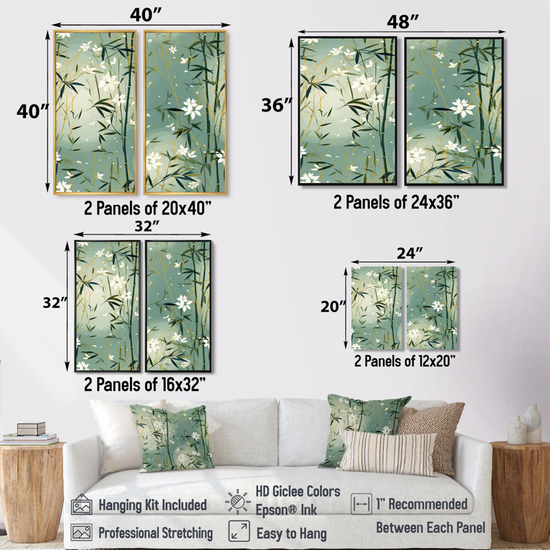 Bambou Zen Haven - Décoration murale orientale 2 pièces, Black, 36" H x 48" W, Impression encadrée flottante