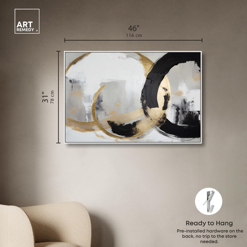 Art abstrait noir et blanc sur toile, "Autre dimension" par Art Remedy, Cadre noir, H 31 po x l 46 po