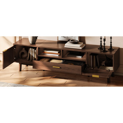 Console de télévision moderne de 75 pouces, rangement multifonctionnel à fermeture en douceur, tiroirs, pieds en bois massif, pour téléviseurs tendance, armoires de fermeture, pieds élégants rabattables
