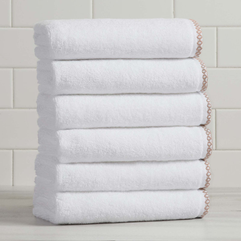 Lightweight Cotton Decorative Border Bath Towel Set, Hand Towels - 6 Pack, White/Rosewood