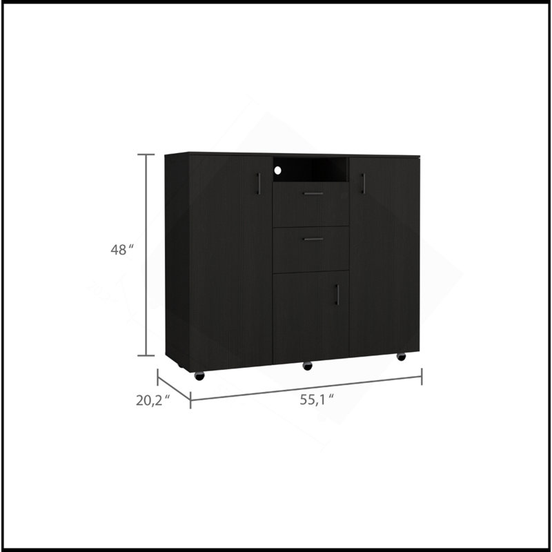 Commode d'armoire H 48 po, deux tiroirs, 3 portes, quatre tablettes intérieures, tringle, noir