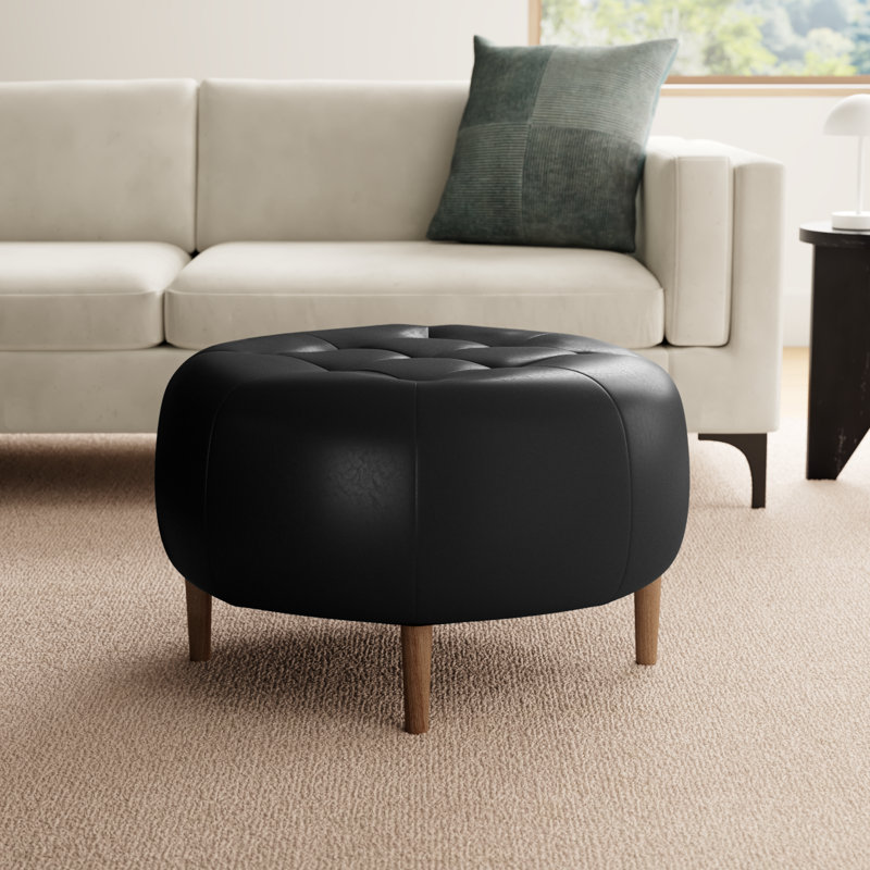 Geo Upholstered Ottoman, Vintage Black Genuine Leather