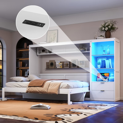 Lit escamotable avec bureau, cadre de lit mural pliable avec tiroirs de rangement, tablettes, éclairage DEL et station de charge, lit plateforme en bois peu encombrant pour petite salle d'étude