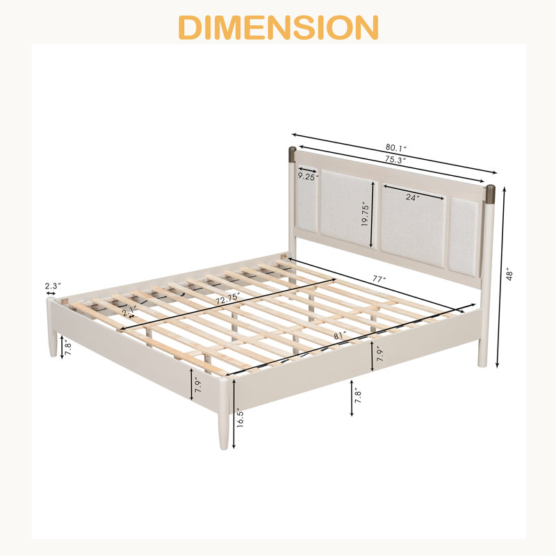 Lit en bois massif, sans sommier tapissier, tête de lit tapissier avec poignées en métal, Très grand lit, Gris clair