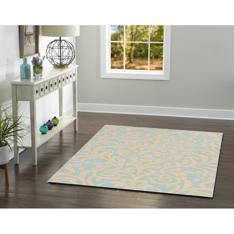 Tapis fabriqué à la main Equelle Aqua et ivoire, Rectangle 5 pi x 7 pi