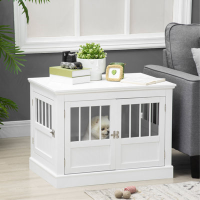 Table de bout pour cage de chien avec portes triples, cage à chien en bois pour l'intérieur, cage à chiot avec tubes en acier, pour petits chiens, blanc