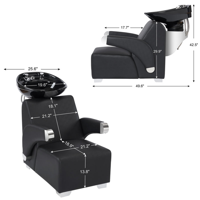 Fauteuil de shampooing à contre-lavage réglable en similicuir et bol en céramique, Similicuir noir