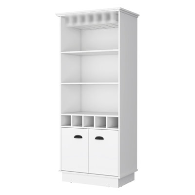 White Bar Cabinet With Efficient Bottle Arrangement - 3 Shelves, 5 , Glassware Holder Stylish Rack For Home Entertaining Structure