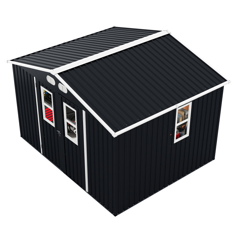 Remise de rangement extérieure 8 x 10 en métal gris foncé, avec protection et portes verrouillables, idéale pour l'équipement de jardin de jardin