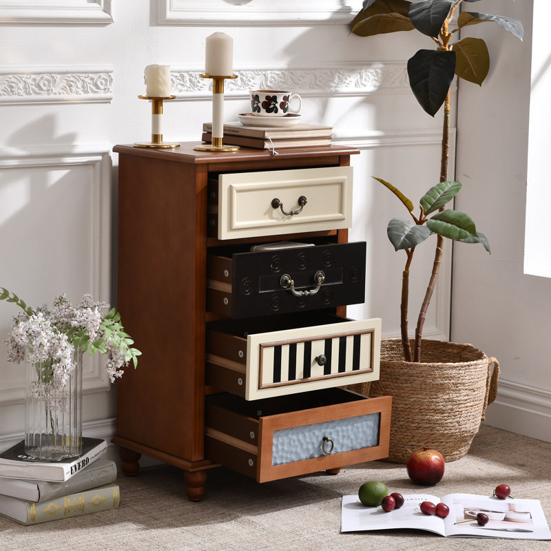 Fienley 4-Drawer Hand-Carved Accent Chest With Mixed Drawer Fronts And Vintage Pulls, Brown Wood Cabinet, Boho Style