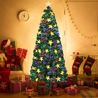 Arbre de Noël en fibre optique pré-éclairé avec grandes étoiles, sapin de Noël artificiel, épinette, lumières à fibre optique à changement de couleur, avec support en métal, arbre complet pour la décoration des Fêtes