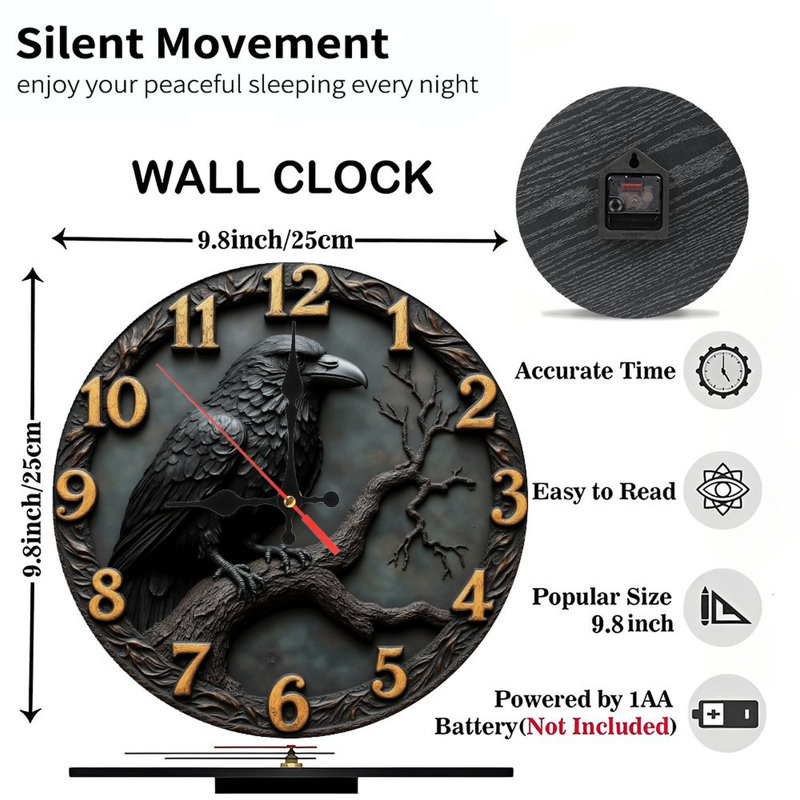 Black Raven Wall Clock with Tree Design