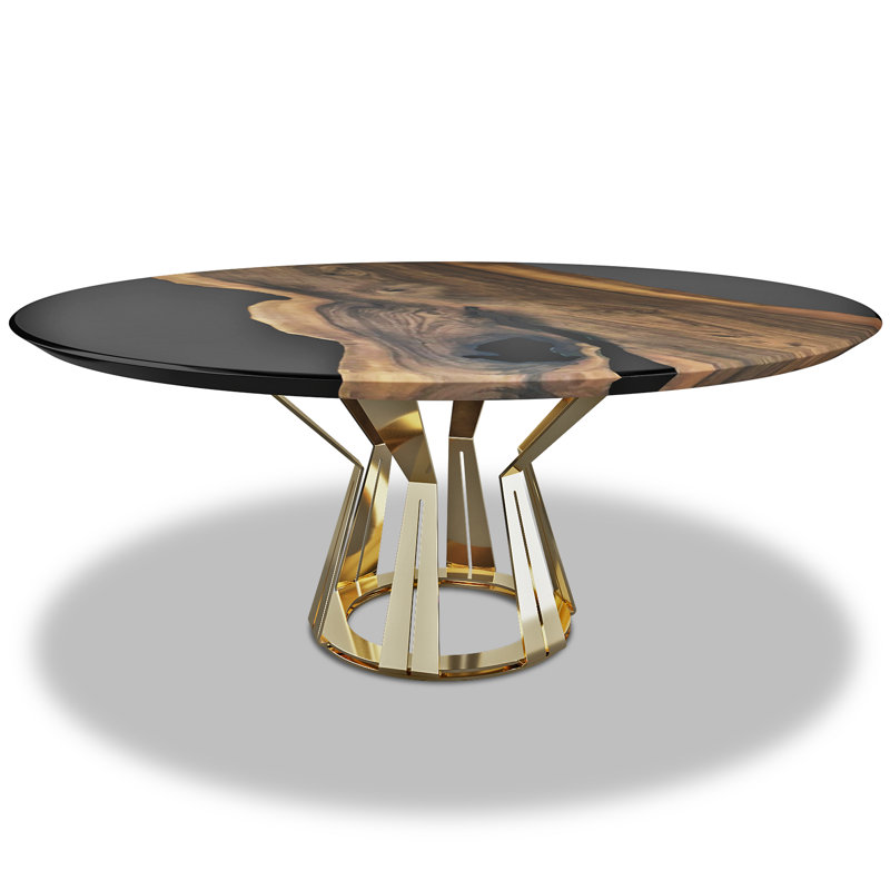 Walnut Round Metal Base Dining Table, Black/Brown, Gold, H75 x L244 x W244cm