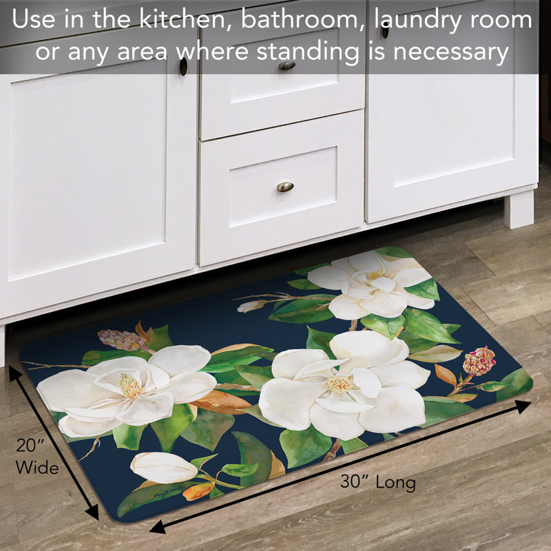 Magnolia Motif Navy and White Vinyl Comfort Kitchen Floor Mat