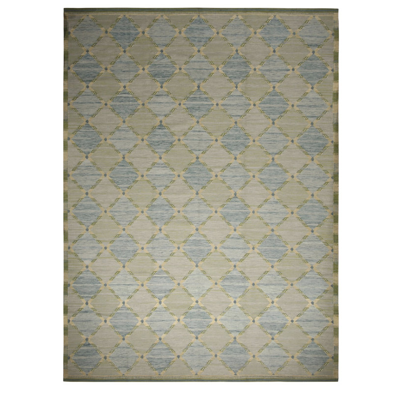 Rug & Kilim’S Scandinavian Inspired Green And Blue Geometric Wool Rug, Rectangle 10' x 14'