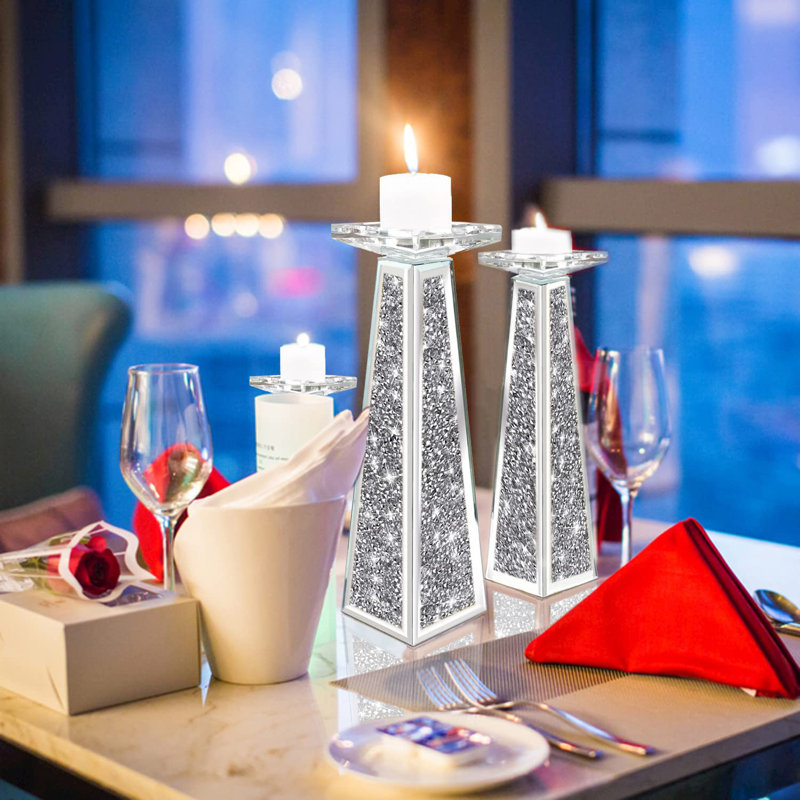 2 porte-bougies pour la fixation de bougies piliers, porte-bougies en diamant écrasé en cristal pour la salle à manger, porte-bougies en verre argenté