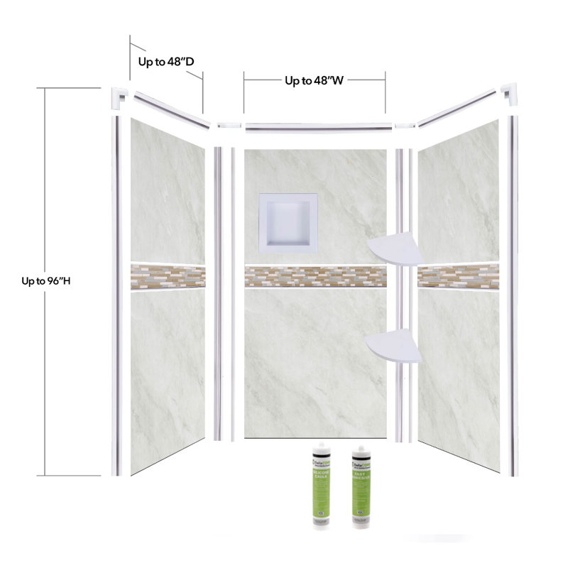 Bordure de baignoire et douche à brume arctique Bella avec bande Katrina Design jusqu'à 48 x 48 x l 48 x 96 H Bella