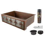 33" Hammered Copper Kitchen Apron Single Basin Sink w/ Fleur De Lis and Apron Front Nickel Background with Matching Drain and Accessories