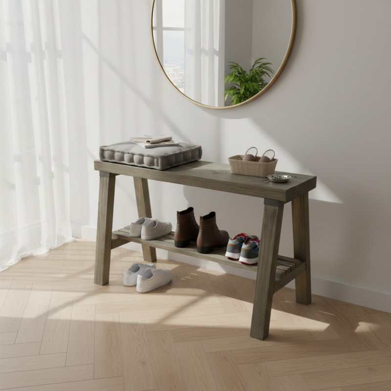 Daigen Solid Wood Storage Bench, Gray