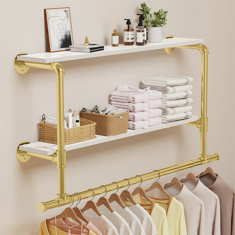 Beton 116cm Industrial Pipe Clothing Rack, Golden+Marble White