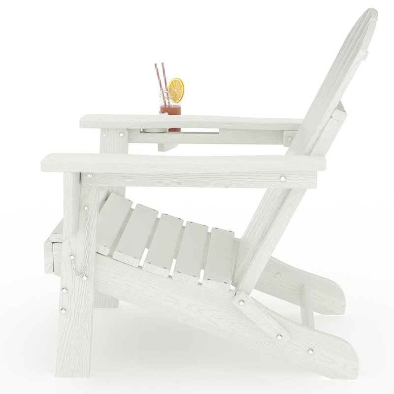 All-Weather HDPE Folding Adirondack Chair - Wood Grain Texture & Cup Holder, Collapsible, Weather Resistant, Easy Assembly, Outdoor Patio Seating for Garden, Porch, Lawn, Fire Pit (White, 1 Piece)