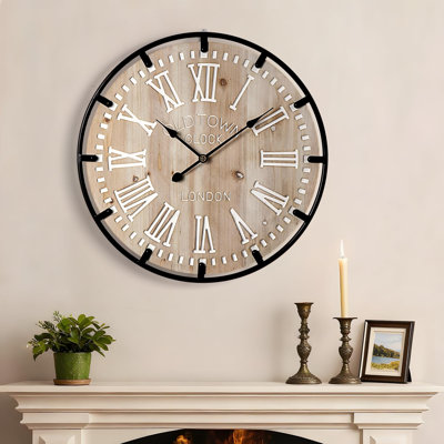 Grande horloge murale romaine en bois Farmhouse avec cercle en métal 24 pouces Farmhouse | Horloge murale décorative surdimensionnée en bois avec grand chiffre romain pour le salon / les chambres / les bureaux, silencieuse et à piles