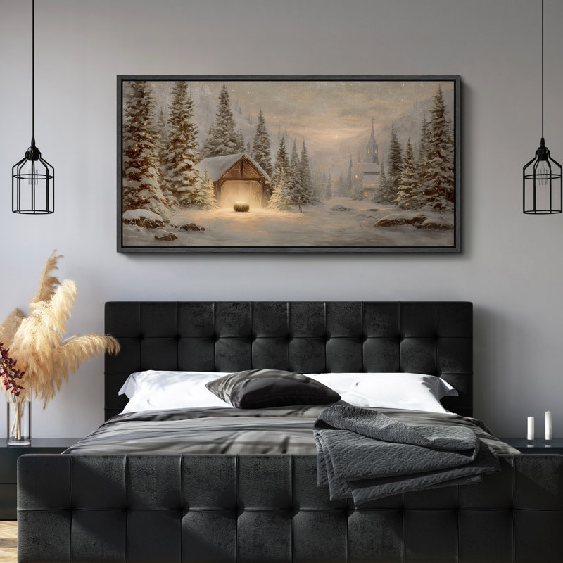 Douce crèche de Noël dorée et stable, paysage d'hiver encadré dans la chambre principale, reproduction d'art 2 pièces