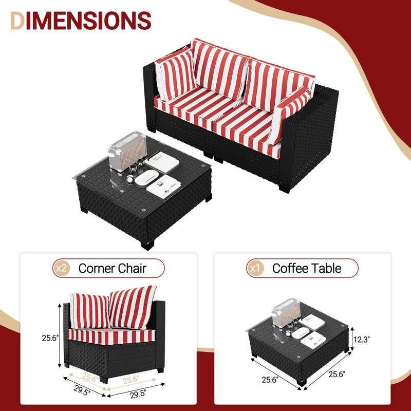  𝗣𝗿𝗲- 𝗮𝘀𝘀𝗲𝗺𝗯𝗹𝗲𝗱 𝗖𝗵𝗮𝗶𝗿𝘀, Ensemble de meubles de patio pour 2 personnes Ensemble de conversation modulaire en rotin avec canapé et table basse