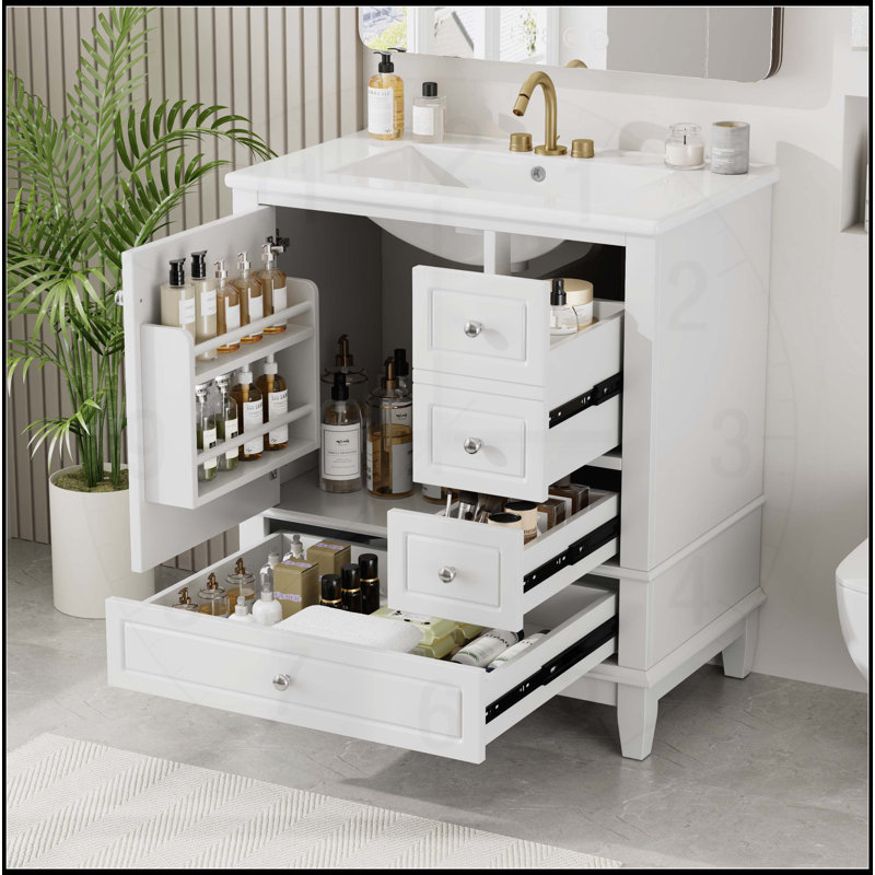 Meuble-lavabo autoportant de 30 pouces avec lavabo, porte à fermeture en douceur et rangement spacieux, idéal pour les salles de bain modernes et élégantes.