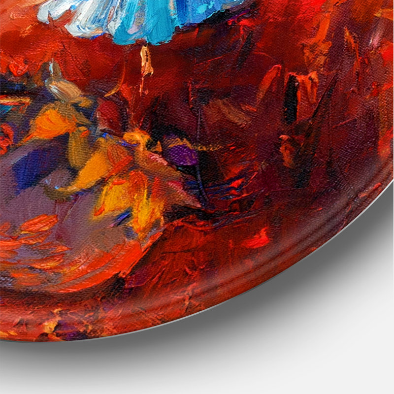 Colibri bleu sur orange - Cercle traditionnel en métal, art mural, H 23 po x l 23 po x p 1 po
