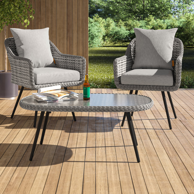 Ensemble de conversation d'extérieur en osier rotin 3 pièces Sartell - 2 chaises longues, 1 table basse