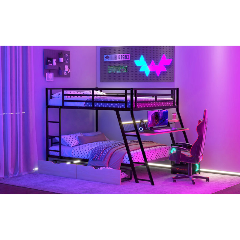 Lit superposé en métal noir avec bureau intégré et 2 tiroirs apaisants - Solution pour chambre double