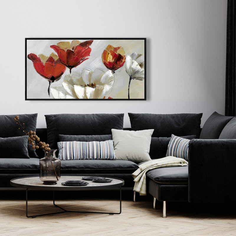 Abstract Red And White Flowers Print On Canvas, H 24 po x l 48 po