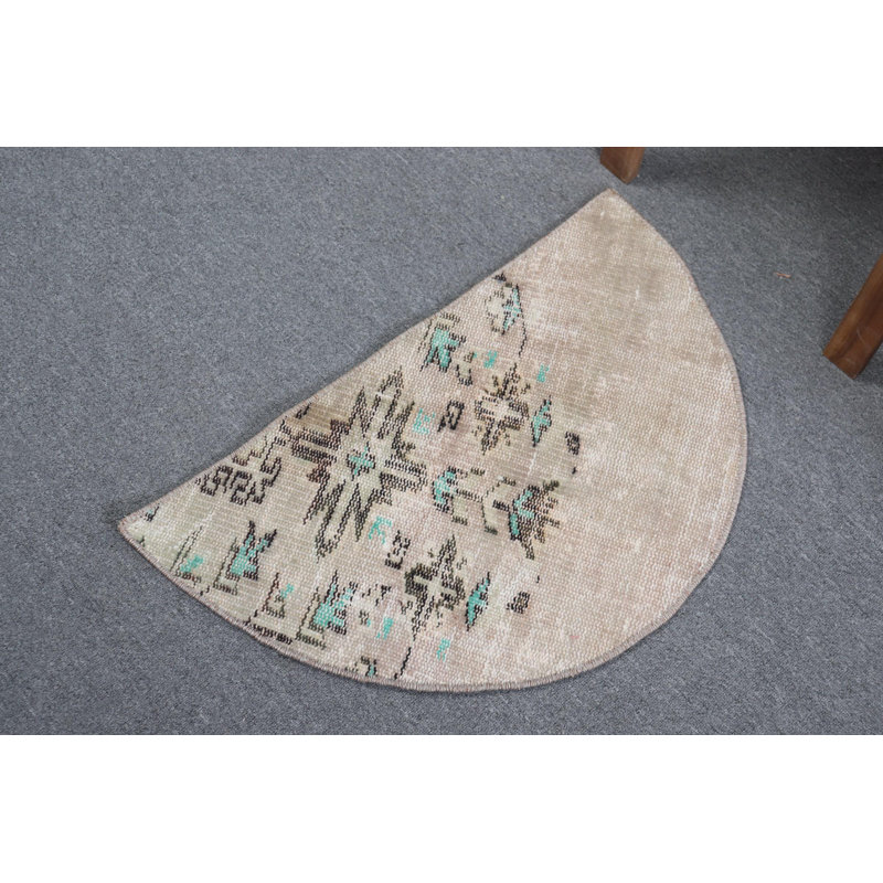 Handmade Beige Bohemian Decor Small Round Turkish Rug with Vintage Anatolian Style Accent