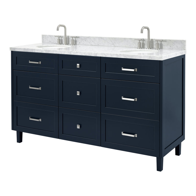 ARIEL Monroe 72 Double Sink Bathroom Vanity with Carrara Quartz Top, Midnight Blue, 72" - 73", Italian Carrara Marble