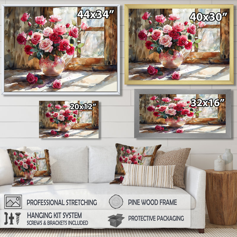 «Summer Rose Delight Bouquet At The Farm I - Roses», art mural sur toile, Argent argent, H 28 po x l 60 po, Cadre flottant