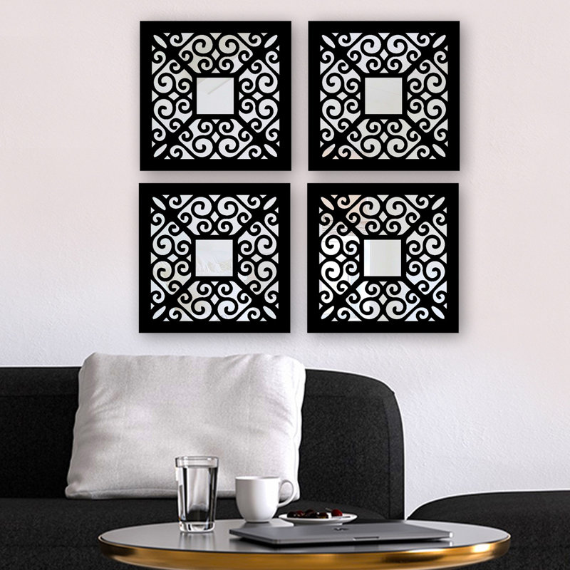 Ensemble de miroir élégant (4 pièces), finition argentée, 7,9 po x 7,9 po | 100% verre avec motif de fibres à densité moyenne de 0,12 pouce découpé au laser | Conception facile à suspendre au mur | Parfait pour la décoration intérieure, le salon et la chambre à coucher