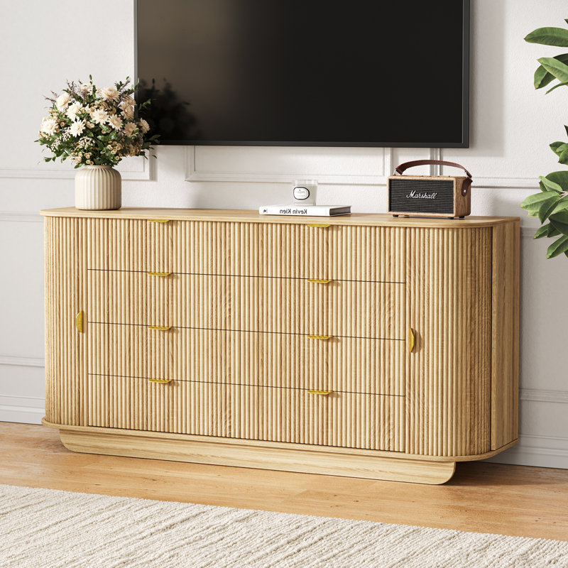 63''W Fluted 8 Drawer Dresser For Bedroom, Wooden Dresser with Stroge Cabinet for Living Room, Hallway, Natural