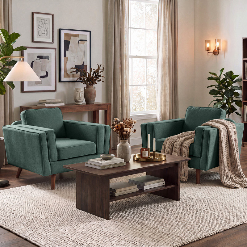 Fauteuil d'appoint rembourré de 39,3 pouces de large avec pieds en bois massif (ensemble de 2), Chenille verte