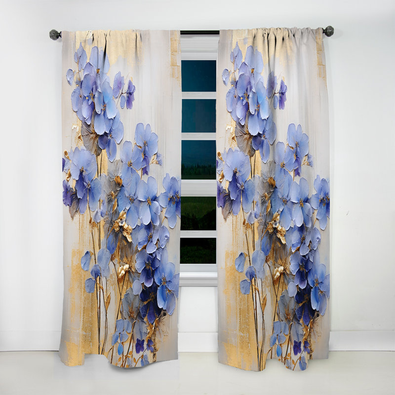 Rolesville Blue and Gold Exquisite Violets III - Traditional Velvet Curtain - Room Darkening - 1 Panel, 52" W x 63" L