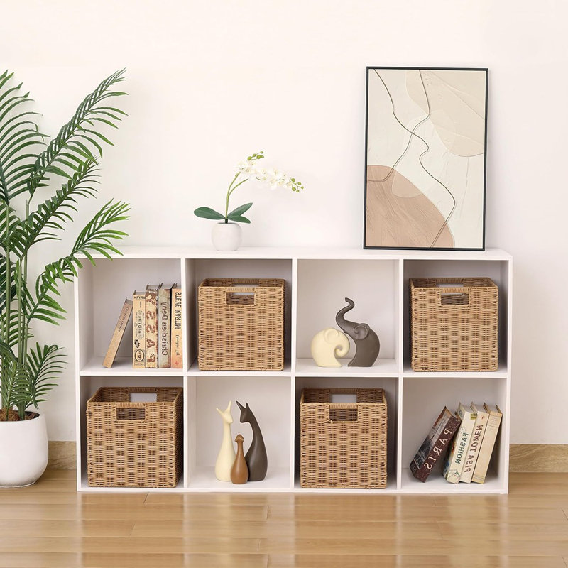 Ensemble de 3 paniers de rangement en plastique et osier pliables | Paniers carrés en rotin pour tablettes | Kaki
